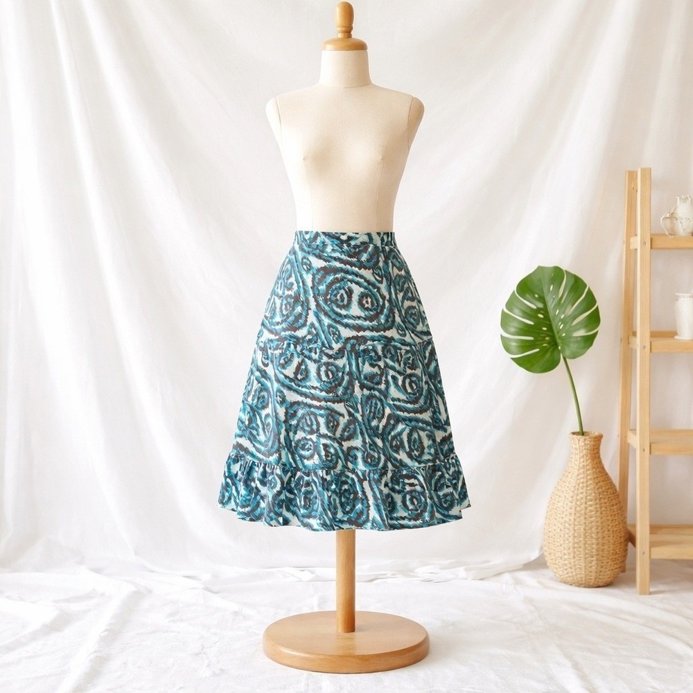Studio West Womens Teal Brown Romantic Tiered Cotton Midi Skirt Size M Boho